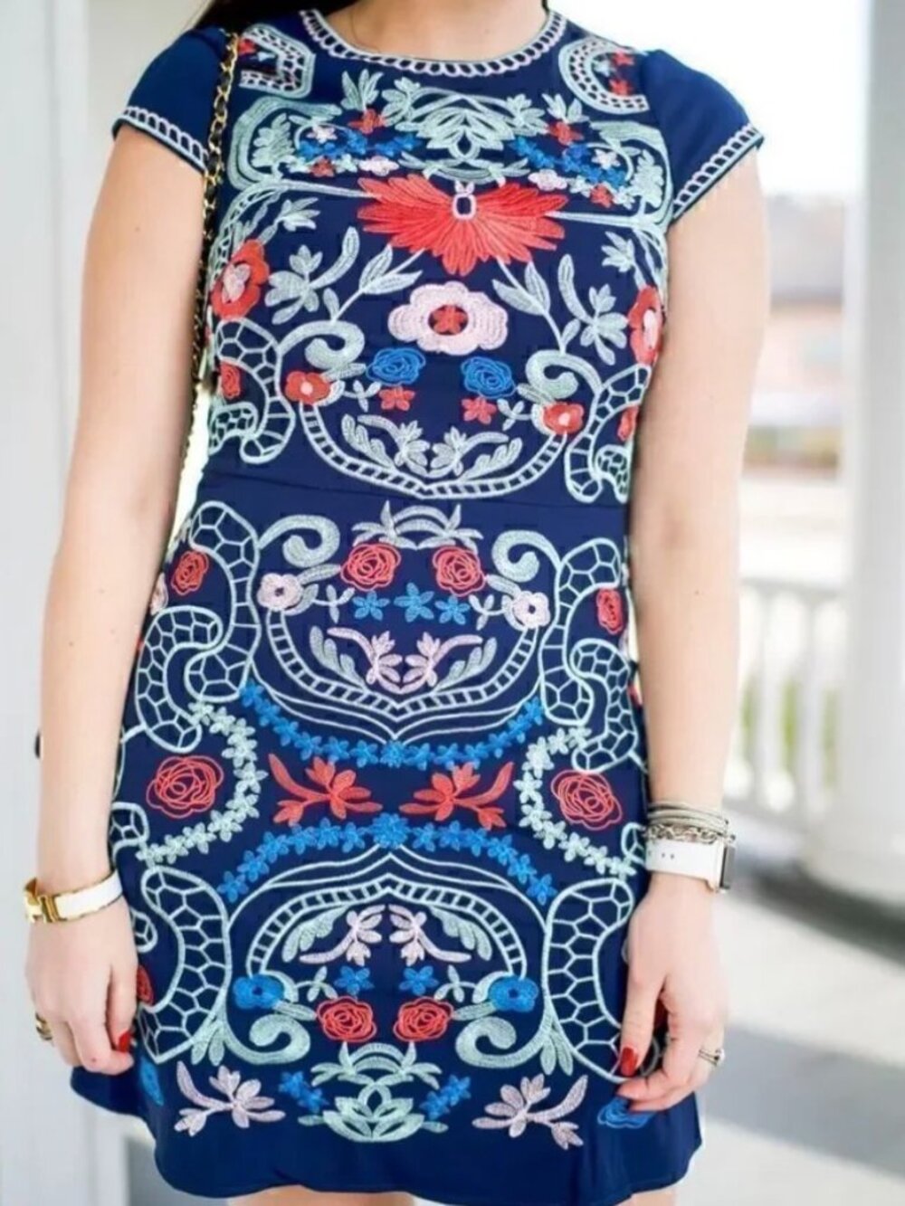 foxiedox Navy Multicolor Embroidered Fit & Flare Mini Dress